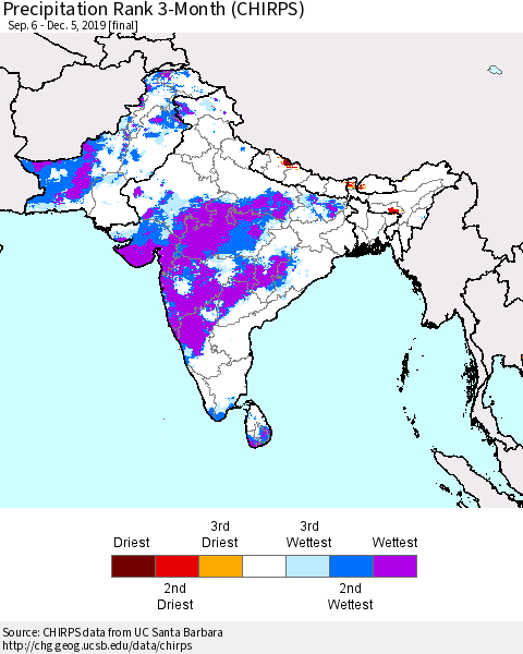 Southern Asia Precipitation Rank 3-Month (CHIRPS) Thematic Map For 9/6/2019 - 12/5/2019