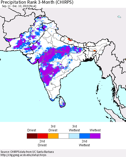 Southern Asia Precipitation Rank 3-Month (CHIRPS) Thematic Map For 9/11/2019 - 12/10/2019