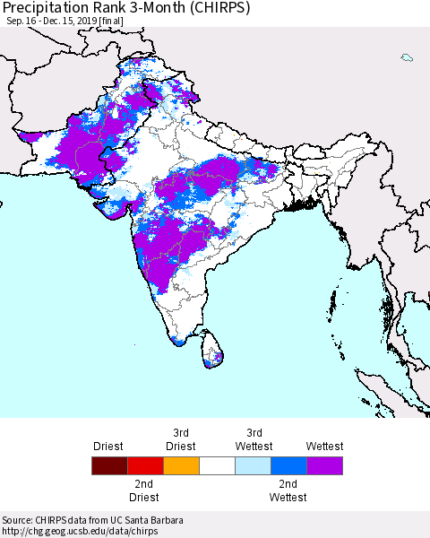 Southern Asia Precipitation Rank 3-Month (CHIRPS) Thematic Map For 9/16/2019 - 12/15/2019