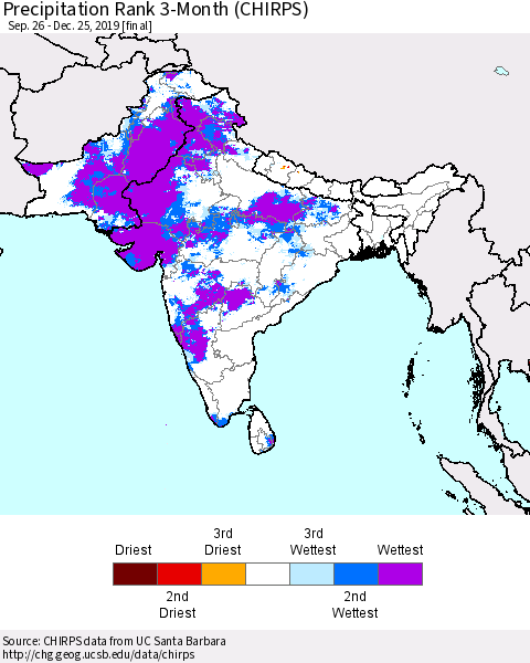 Southern Asia Precipitation Rank 3-Month (CHIRPS) Thematic Map For 9/26/2019 - 12/25/2019