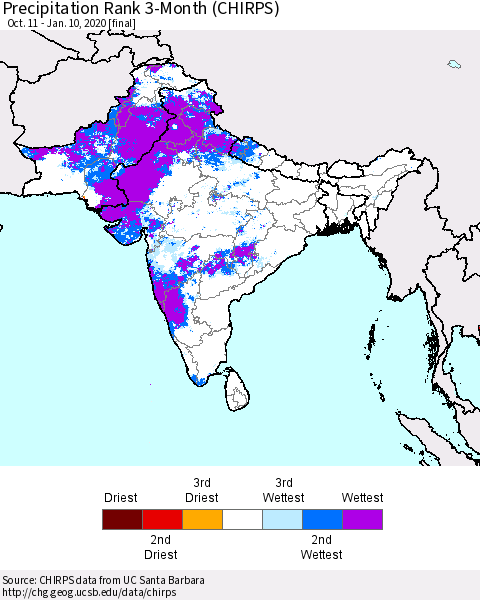 Southern Asia Precipitation Rank since 1981, 3-Month (CHIRPS) Thematic Map For 10/11/2019 - 1/10/2020