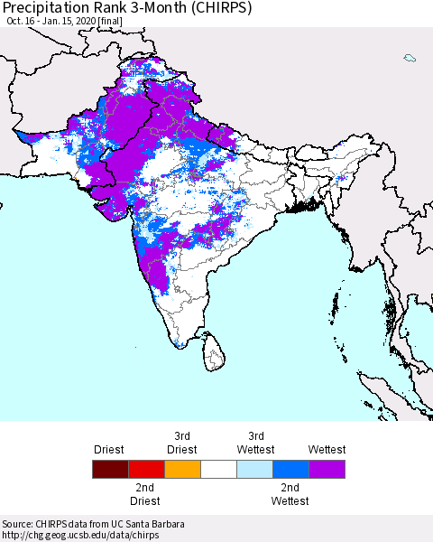 Southern Asia Precipitation Rank 3-Month (CHIRPS) Thematic Map For 10/16/2019 - 1/15/2020