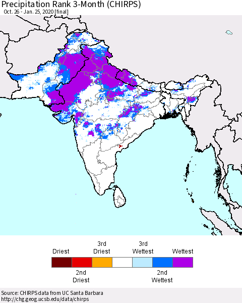 Southern Asia Precipitation Rank 3-Month (CHIRPS) Thematic Map For 10/26/2019 - 1/25/2020