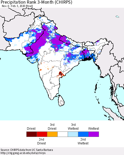 Southern Asia Precipitation Rank 3-Month (CHIRPS) Thematic Map For 11/6/2019 - 2/5/2020