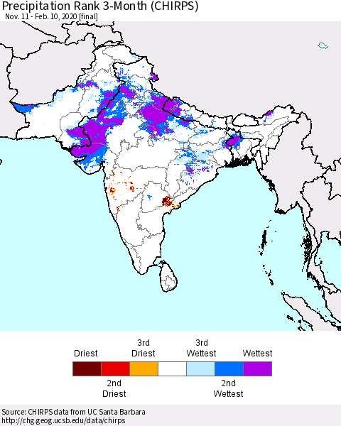 Southern Asia Precipitation Rank 3-Month (CHIRPS) Thematic Map For 11/11/2019 - 2/10/2020