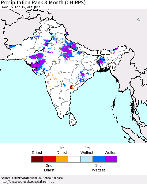 Southern Asia Precipitation Rank since 1981, 3-Month (CHIRPS) Thematic Map For 11/16/2019 - 2/15/2020