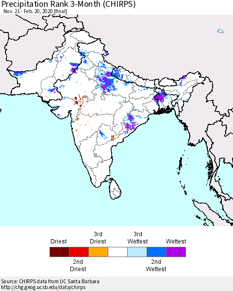 Southern Asia Precipitation Rank 3-Month (CHIRPS) Thematic Map For 11/21/2019 - 2/20/2020