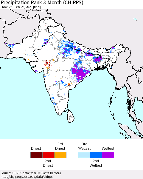 Southern Asia Precipitation Rank 3-Month (CHIRPS) Thematic Map For 11/26/2019 - 2/25/2020