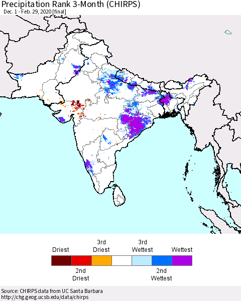 Southern Asia Precipitation Rank 3-Month (CHIRPS) Thematic Map For 12/1/2019 - 2/29/2020