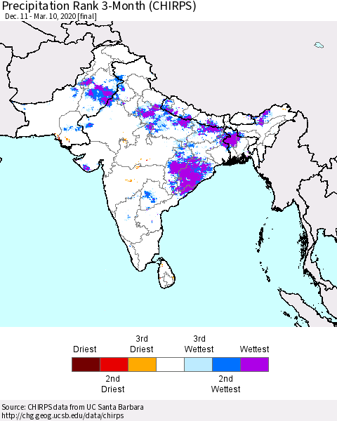 Southern Asia Precipitation Rank 3-Month (CHIRPS) Thematic Map For 12/11/2019 - 3/10/2020