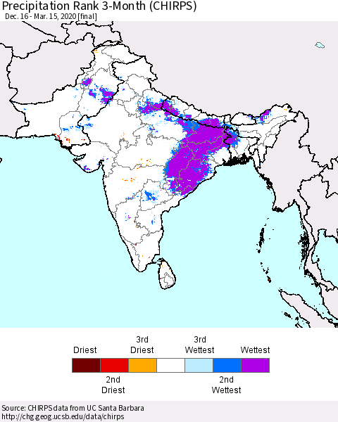 Southern Asia Precipitation Rank 3-Month (CHIRPS) Thematic Map For 12/16/2019 - 3/15/2020