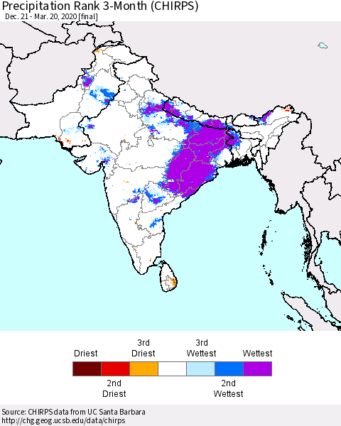 Southern Asia Precipitation Rank 3-Month (CHIRPS) Thematic Map For 12/21/2019 - 3/20/2020