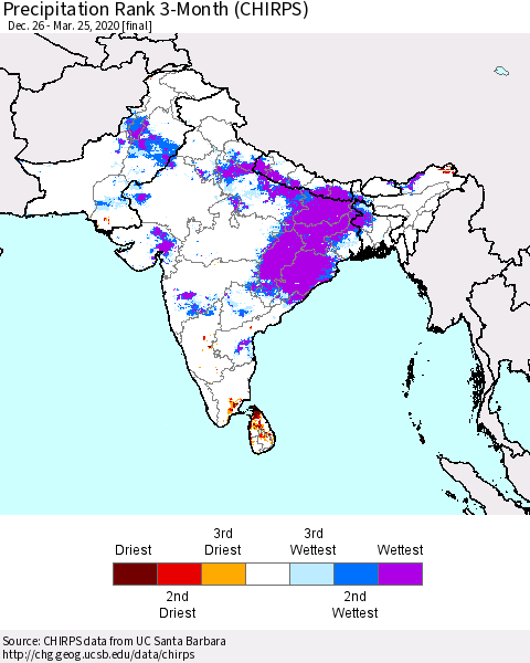 Southern Asia Precipitation Rank 3-Month (CHIRPS) Thematic Map For 12/26/2019 - 3/25/2020