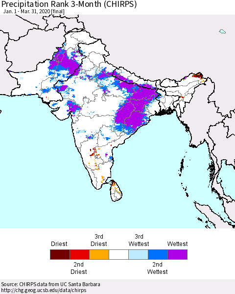 Southern Asia Precipitation Rank 3-Month (CHIRPS) Thematic Map For 1/1/2020 - 3/31/2020