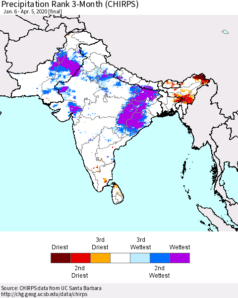 Southern Asia Precipitation Rank 3-Month (CHIRPS) Thematic Map For 1/6/2020 - 4/5/2020