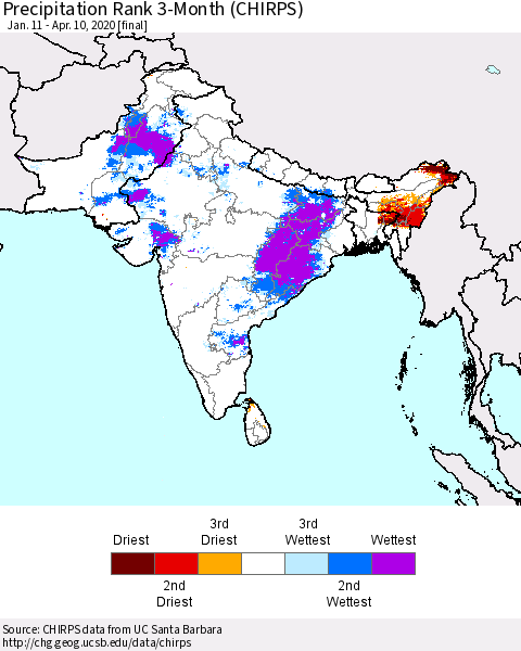 Southern Asia Precipitation Rank 3-Month (CHIRPS) Thematic Map For 1/11/2020 - 4/10/2020