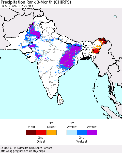 Southern Asia Precipitation Rank since 1981, 3-Month (CHIRPS) Thematic Map For 1/16/2020 - 4/15/2020