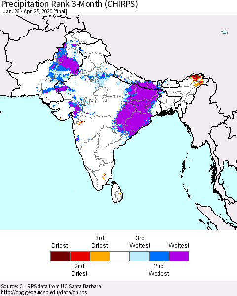 Southern Asia Precipitation Rank 3-Month (CHIRPS) Thematic Map For 1/26/2020 - 4/25/2020