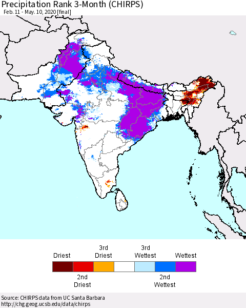 Southern Asia Precipitation Rank 3-Month (CHIRPS) Thematic Map For 2/11/2020 - 5/10/2020