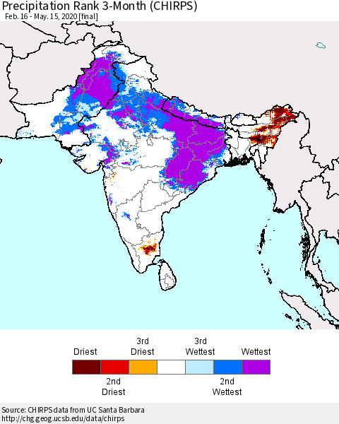 Southern Asia Precipitation Rank 3-Month (CHIRPS) Thematic Map For 2/16/2020 - 5/15/2020