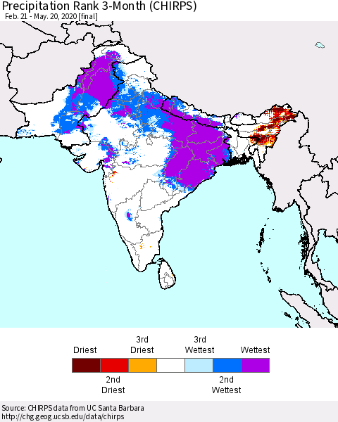 Southern Asia Precipitation Rank 3-Month (CHIRPS) Thematic Map For 2/21/2020 - 5/20/2020