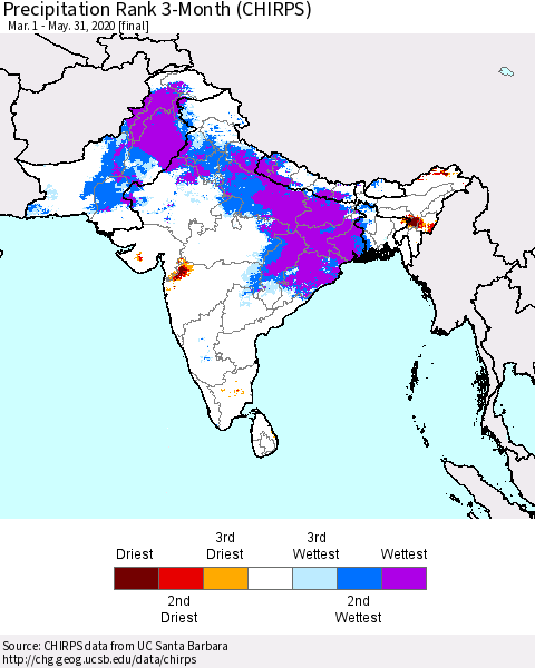 Southern Asia Precipitation Rank since 1981, 3-Month (CHIRPS) Thematic Map For 3/1/2020 - 5/31/2020
