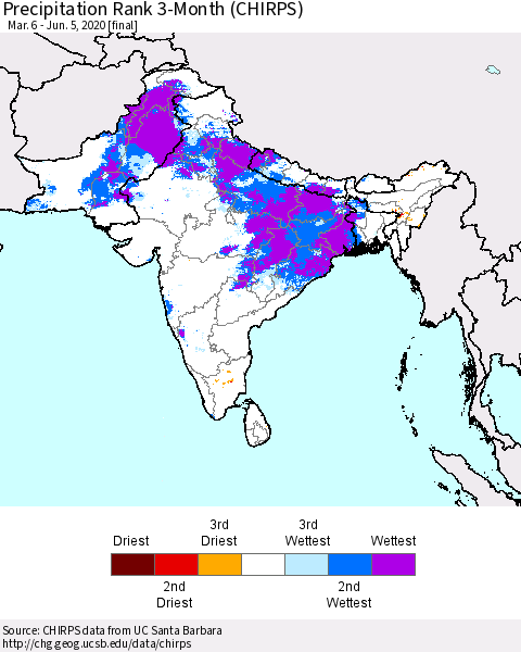 Southern Asia Precipitation Rank 3-Month (CHIRPS) Thematic Map For 3/6/2020 - 6/5/2020