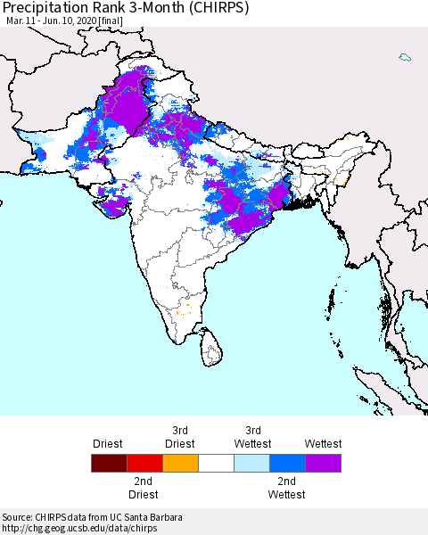 Southern Asia Precipitation Rank since 1981, 3-Month (CHIRPS) Thematic Map For 3/11/2020 - 6/10/2020