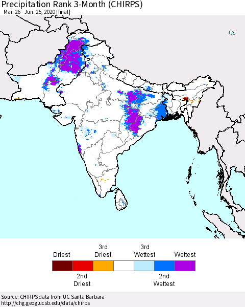 Southern Asia Precipitation Rank 3-Month (CHIRPS) Thematic Map For 3/26/2020 - 6/25/2020