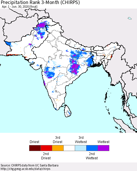 Southern Asia Precipitation Rank 3-Month (CHIRPS) Thematic Map For 4/1/2020 - 6/30/2020