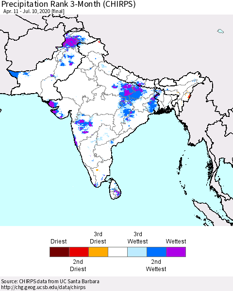 Southern Asia Precipitation Rank 3-Month (CHIRPS) Thematic Map For 4/11/2020 - 7/10/2020