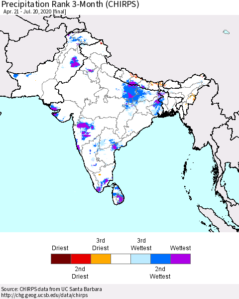 Southern Asia Precipitation Rank 3-Month (CHIRPS) Thematic Map For 4/21/2020 - 7/20/2020