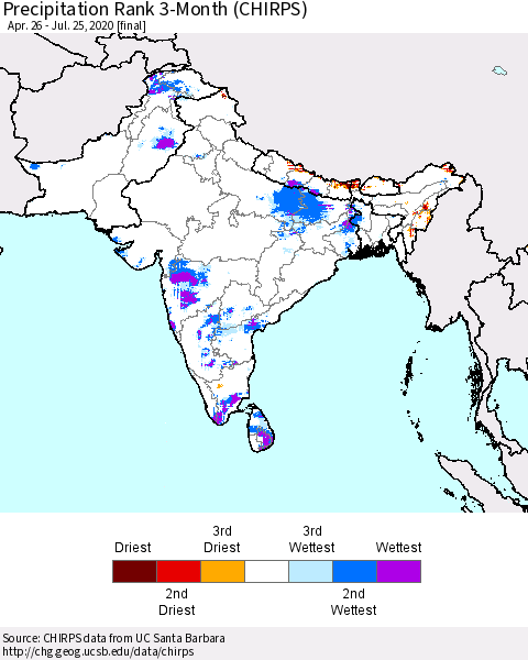 Southern Asia Precipitation Rank 3-Month (CHIRPS) Thematic Map For 4/26/2020 - 7/25/2020