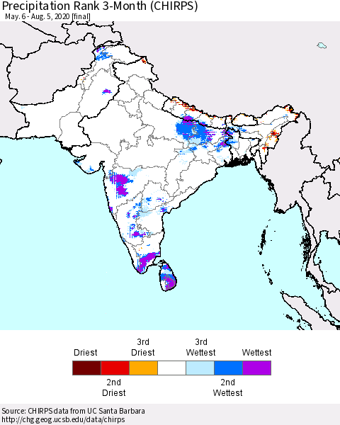 Southern Asia Precipitation Rank 3-Month (CHIRPS) Thematic Map For 5/6/2020 - 8/5/2020