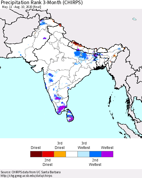 Southern Asia Precipitation Rank 3-Month (CHIRPS) Thematic Map For 5/11/2020 - 8/10/2020