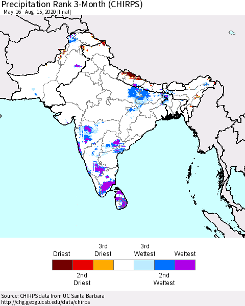 Southern Asia Precipitation Rank 3-Month (CHIRPS) Thematic Map For 5/16/2020 - 8/15/2020