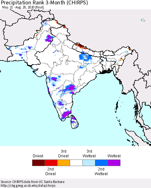 Southern Asia Precipitation Rank 3-Month (CHIRPS) Thematic Map For 5/21/2020 - 8/20/2020