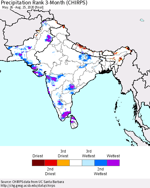 Southern Asia Precipitation Rank 3-Month (CHIRPS) Thematic Map For 5/26/2020 - 8/25/2020