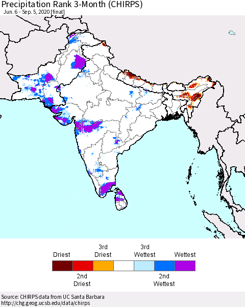Southern Asia Precipitation Rank since 1981, 3-Month (CHIRPS) Thematic Map For 6/6/2020 - 9/5/2020
