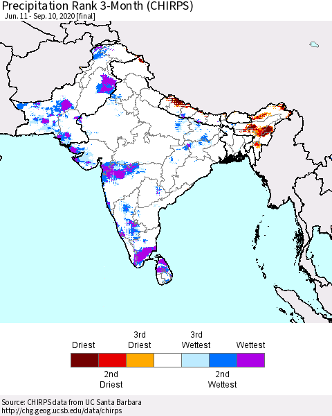 Southern Asia Precipitation Rank 3-Month (CHIRPS) Thematic Map For 6/11/2020 - 9/10/2020