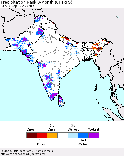 Southern Asia Precipitation Rank 3-Month (CHIRPS) Thematic Map For 6/16/2020 - 9/15/2020