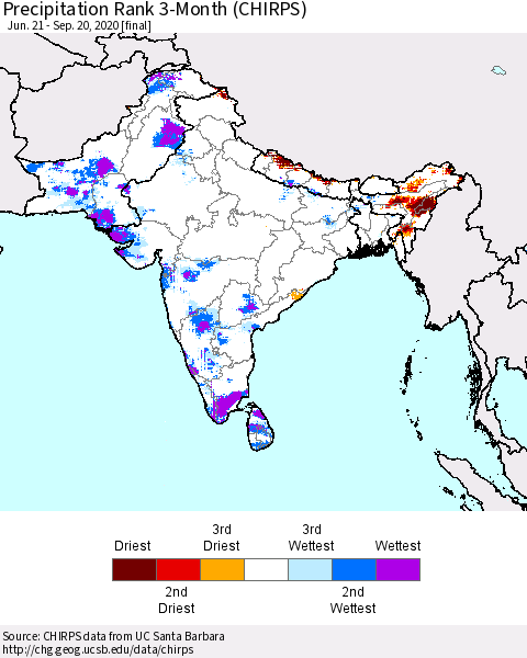 Southern Asia Precipitation Rank 3-Month (CHIRPS) Thematic Map For 6/21/2020 - 9/20/2020