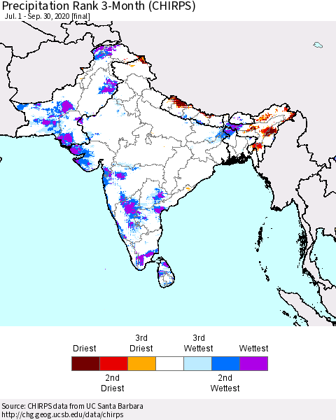 Southern Asia Precipitation Rank 3-Month (CHIRPS) Thematic Map For 7/1/2020 - 9/30/2020