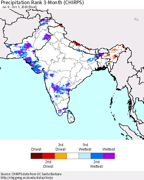 Southern Asia Precipitation Rank 3-Month (CHIRPS) Thematic Map For 7/6/2020 - 10/5/2020