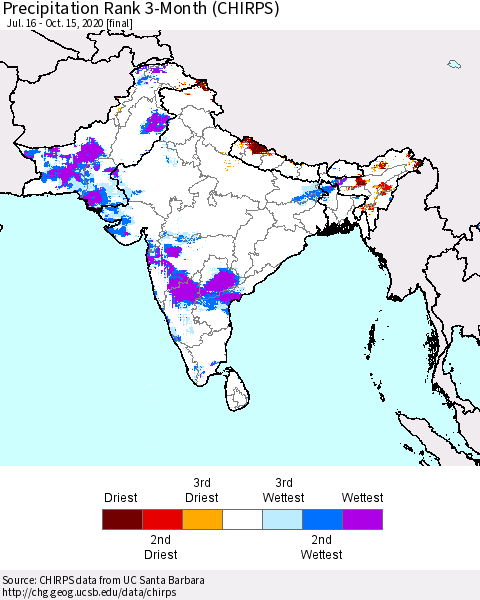 Southern Asia Precipitation Rank 3-Month (CHIRPS) Thematic Map For 7/16/2020 - 10/15/2020
