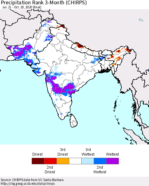 Southern Asia Precipitation Rank since 1981, 3-Month (CHIRPS) Thematic Map For 7/21/2020 - 10/20/2020