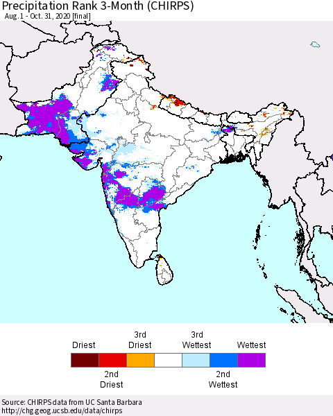 Southern Asia Precipitation Rank 3-Month (CHIRPS) Thematic Map For 8/1/2020 - 10/31/2020