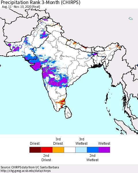 Southern Asia Precipitation Rank 3-Month (CHIRPS) Thematic Map For 8/11/2020 - 11/10/2020