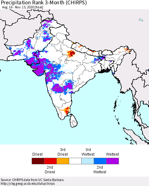 Southern Asia Precipitation Rank 3-Month (CHIRPS) Thematic Map For 8/16/2020 - 11/15/2020
