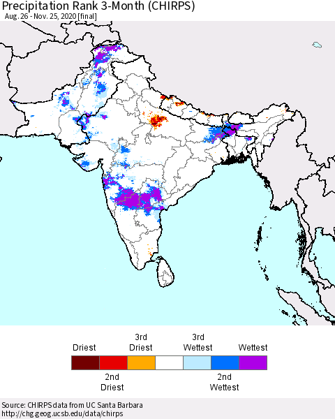 Southern Asia Precipitation Rank 3-Month (CHIRPS) Thematic Map For 8/26/2020 - 11/25/2020